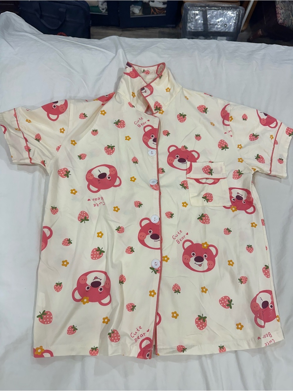 Kids' Cute Bear Strawberry Print Short-Sleeve Top - Cream & Pink